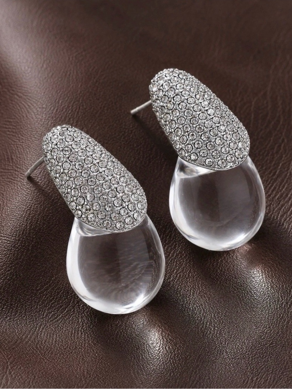 Lucite Crystal Clear Teardrop Earrings Pave Silver Jelly Liquid Fluid Sculptural